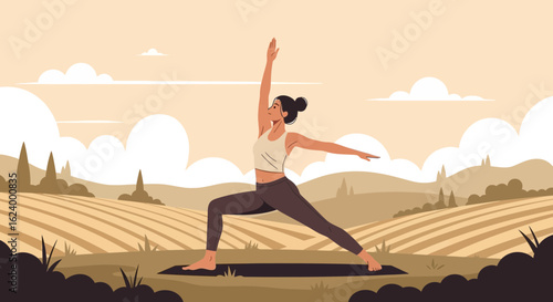 Woman Practicing Warrior Two Pose Outdoors In A Serene Countryside Landscape