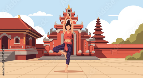 Woman Practicing Yoga at Traditional Balinese Temple For Wellness and Relaxation