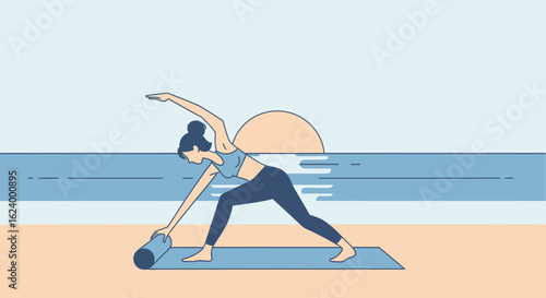 Woman Practicing Yoga During Sunrise At The Beach For A Healthy Lifestyle