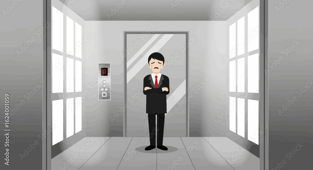 Fototapeta premium Worried businessman standing in an elevator with a sad expression, conveying business challenges and professional stress