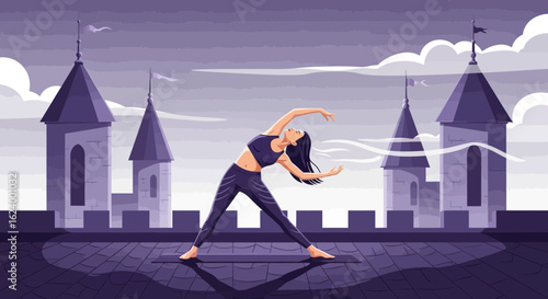 Woman Practicing Yoga On A Castle Roof In A Serene And Peaceful Setting
