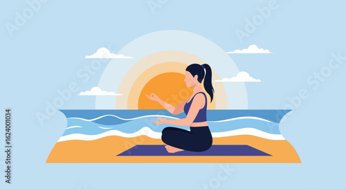Woman practicing yoga on the beach at sunrise, a serene wellness scene illustrating mindfulness and relaxation for lifestyle inspiration