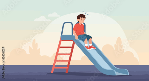 Worried Boy Sat On The Playground Slide With Anxiety In The Park