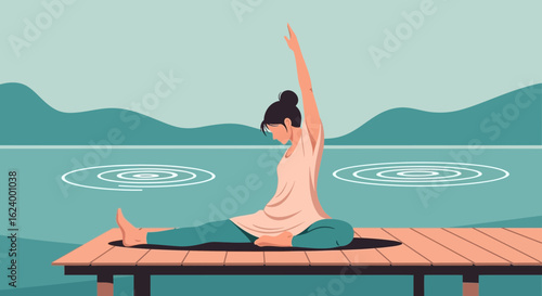 Woman Practicing Yoga On Dock With Serene Lake View For Wellness