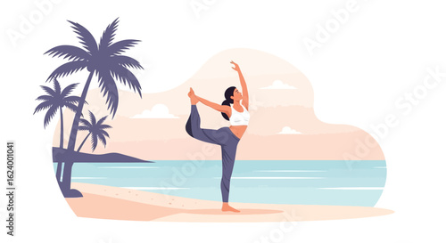 Woman Practicing Yoga On Tropical Beach With Palm Trees Illustration