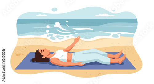 Woman Practicing Yoga On Beach For Relaxation And Mindfulness Meditation