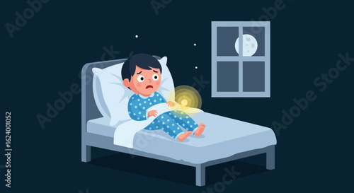 Worried Child Awake At Night Experiencing Bedwetting In Dark Bedroom