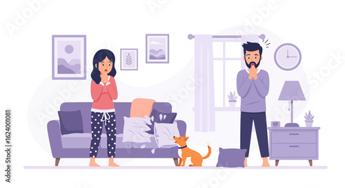 Worried couple in pajamas looking at the mess created by their dog in the living room interior illustration