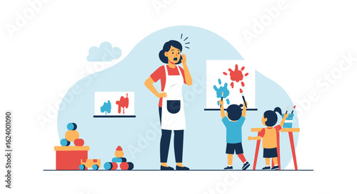 Worried Educator Watching Children Painting Creating Abstract Art On Canvas