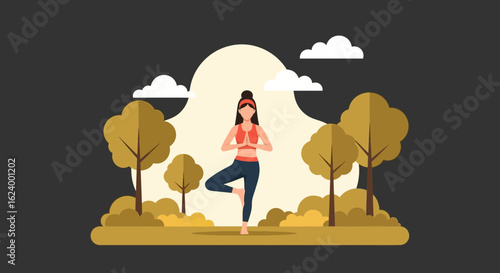 Woman Practicing Yoga Tree Pose Outdoors, Serene Nature Background, Illustration