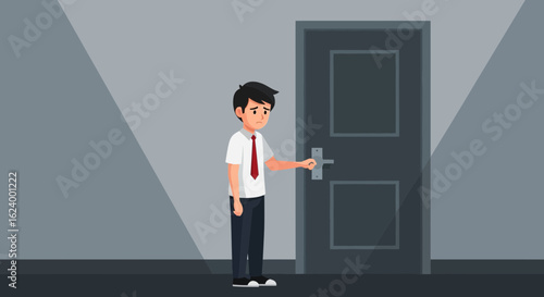 Worried Office Worker Stands Before Closed Door Feeling Depressed
