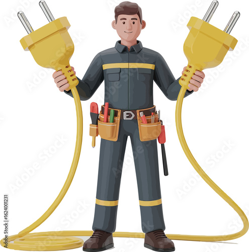 Electrician holding two yellow electrical plugs with cords