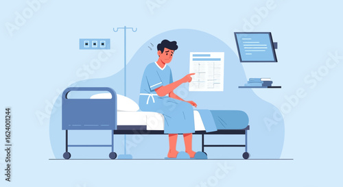 Worried Patient Analyzing Medical Report While Recovering In Hospital Bed