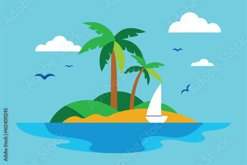 tropical island with sailboat and birds flying   (1).eps