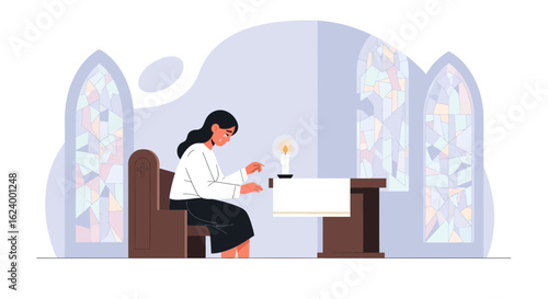 Woman Praying At Church On Her Knees With Stained Glass Windows