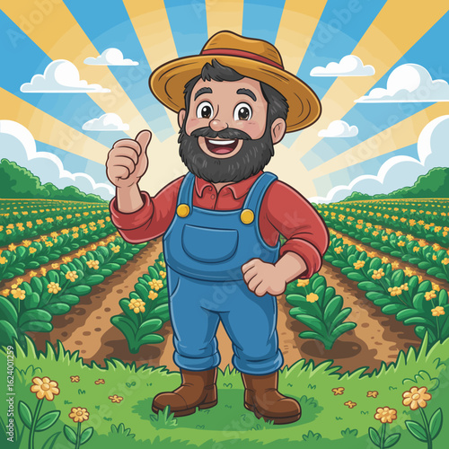 An illustration of a joyful farmer in overalls, smiling amidst golden crops and flowers, embodying the essence of agricultural pride and happiness in farming.