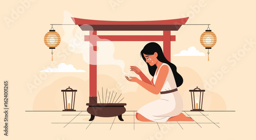 Woman Praying At Shrine Of Japanese Tradition And Spirituality With Torii Gate