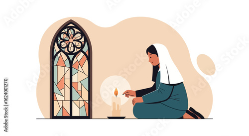 Woman Praying By Stained Glass Lighting Candle During Prayer Time