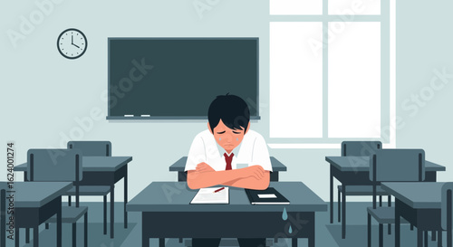 Worried Student Sits At Desk In Classroom Feeling Stressed About School
