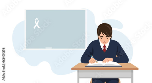 Worried Student Thinking About Cancer Awareness Ribbon In Classroom