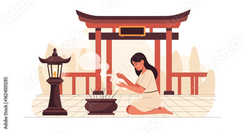Woman Praying At Traditional Shrine With Incense For Spiritual Healing