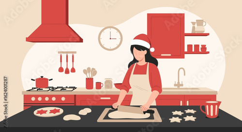 Woman Prepares Christmas Cookies in a Red Decorated Kitchen Scene
