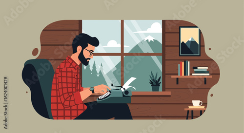 Writer In A Cabin Typing On A Typewriter With Mountain Views In The Background