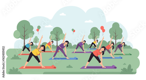 Yoga Class In The Park Practicing Triangle Pose With Colorful Balloons