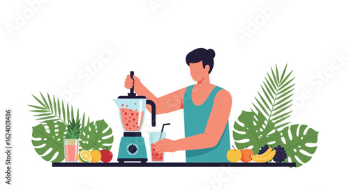 Woman Preparing Healthy Fruit Smoothie With Fresh Ingredients And Tropical Backdrop