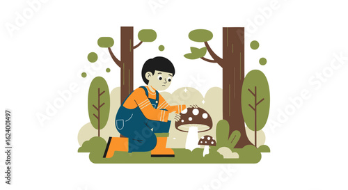 Young Adventurer Discovering Nature And Finding Wild Mushrooms In The Forest