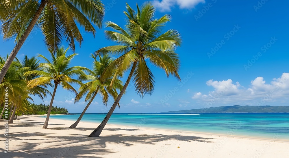 Obraz premium Palm trees line a white sand beach with turquoise water under a clear blue sky view