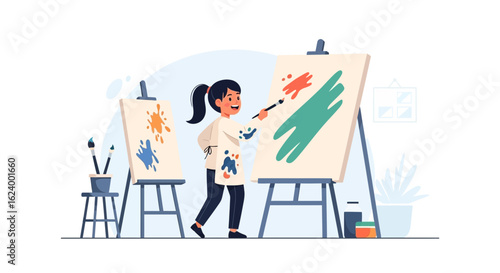 Young Artist Painting On A Canvas With Colorful Splashes In Art Studio