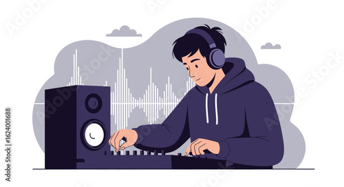 Young Artist Producing Music In Studio Mixing Digital Audio With Headphones