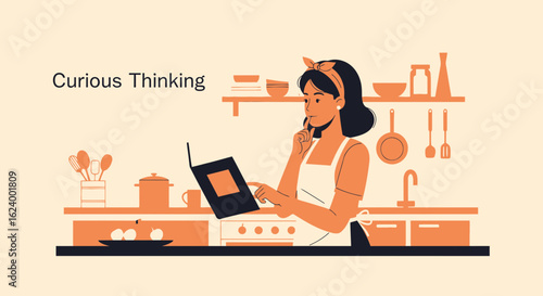 Woman Reads Recipe Book In The Kitchen Creating New And Delicious Meal