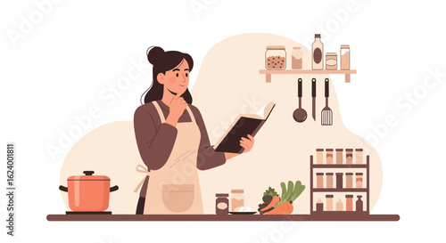 Woman Reads Recipe Book Preparing Food In The Kitchen Interior Design