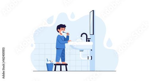 Young Boy Brushing Teeth In The Bathroom While Standing On A Stool