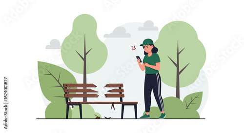 Woman receiving bad news and broken bench in the park illustration design