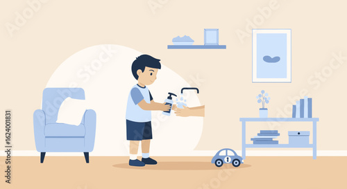 Young Boy Cleans His Hands With Soap In The Bathroom At Home