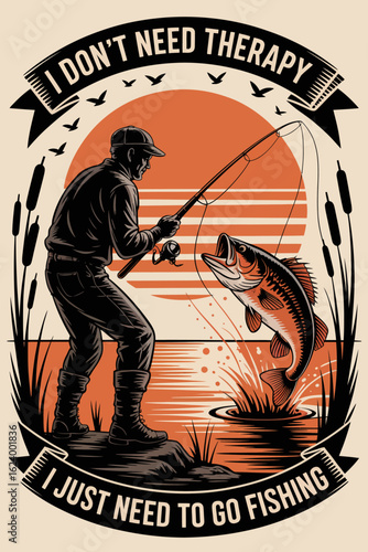 A passionate fisherman is captured mid-action while reeling in a fish, symbolizing the thrill of fishing and the mental wellness that comes from nature encounters.