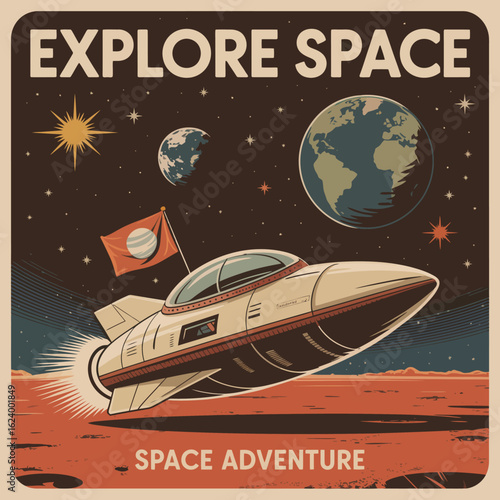 A whimsical representation of a retro spaceship sailing amidst cosmic landscapes, symbolizing the thrill of discovery and the boundless imagination of intergalactic adventures.