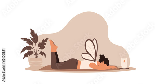 Woman Relaxes At Home With Butterfly Wings Performing Gentle Yoga Pose