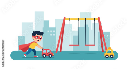 Young Boy Dressed As Superhero Having Fun At The Playground Outdoor