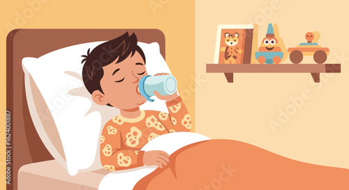 Young Boy Drinks Milk From Bottle In Bed Before Sleeping At Night