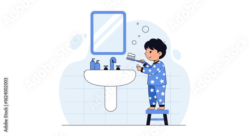 Young Boy Getting Ready For Bed Brushing Teeth In The Bathroom Cartoon