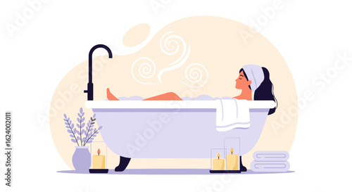 Woman Relaxing In Bathtub With Candles And Steam Enjoying Wellness At Home