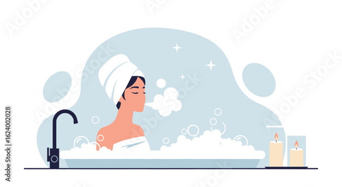 Woman Relaxing In Bubble Bath At Home Spa With Aromatherapy Session