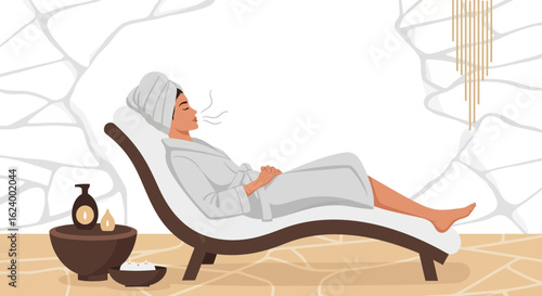 Woman Relaxing In Spa Lounge, Receiving Wellness Treatment For Self Care