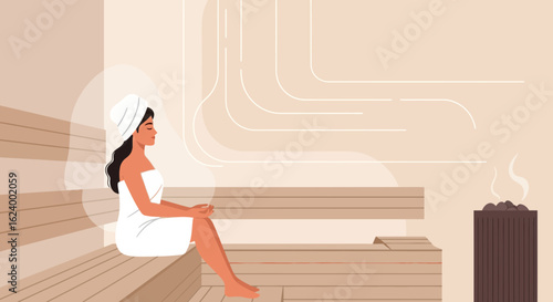 Woman Relaxing In Wooden Sauna Experiencing Wellness And Therapy Session