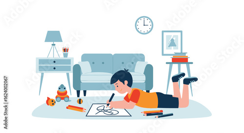 Young Boy Is Lying On Floor Drawing While Surrounded By Toys And Furniture