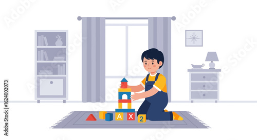 Young Boy Is Engaged In Creative Playtime Constructing A Tower At Home